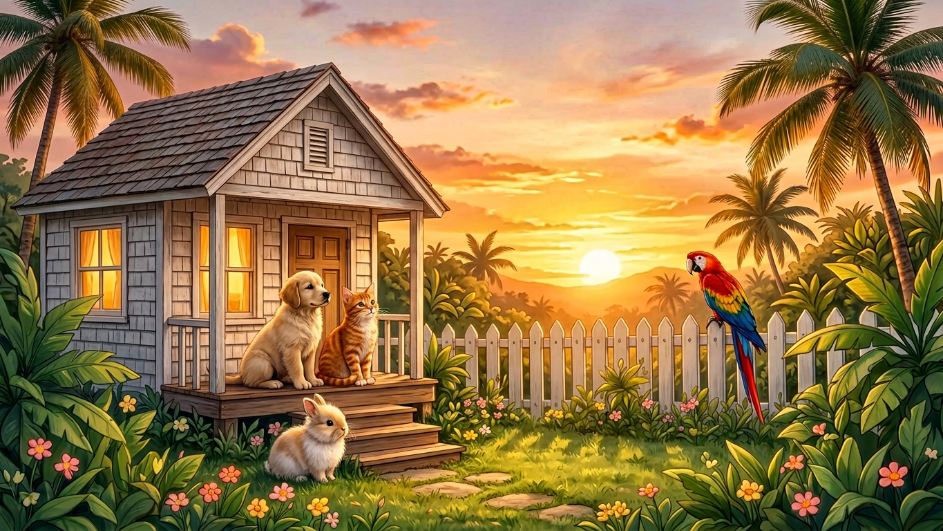 Casa acogedora con perro y gato disfrutando del atardecer en Puerto Rico